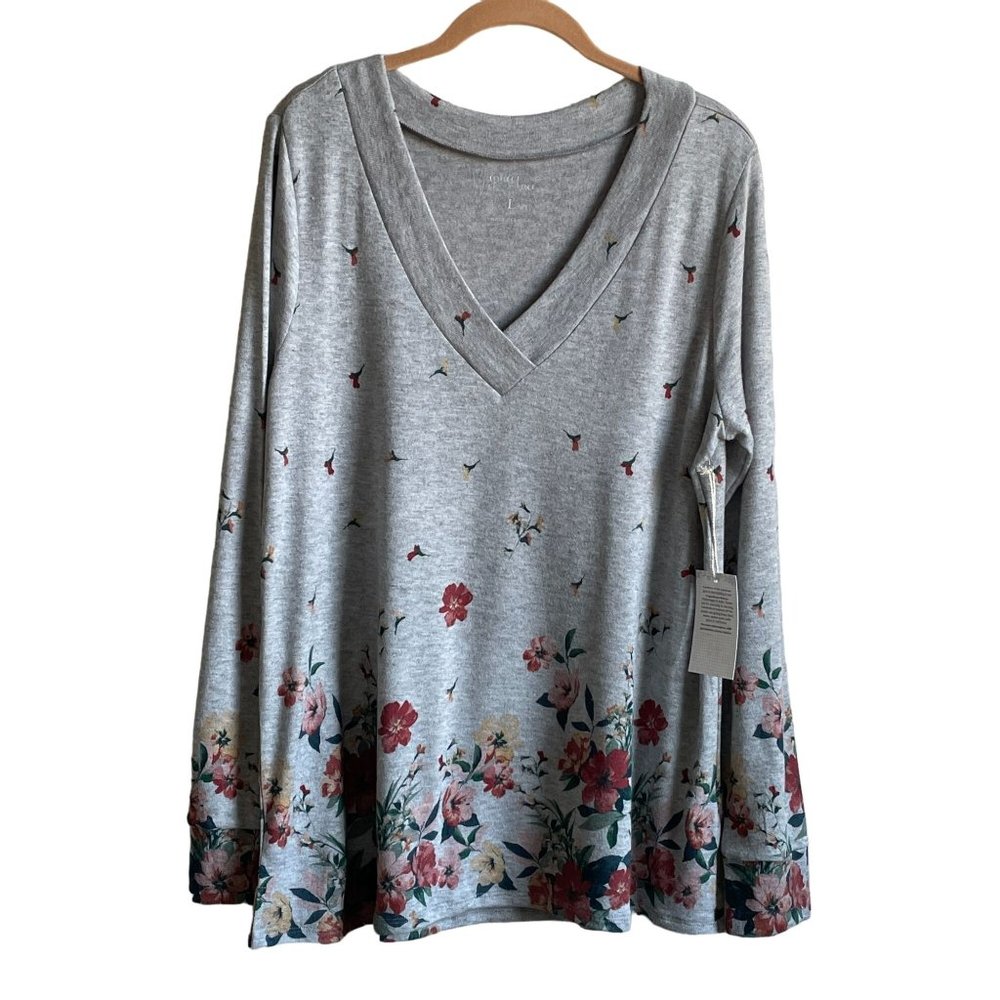 Grace & Lace Garden Pullover Knit Tossed Floral Crossover V Neck New Womens Sz L